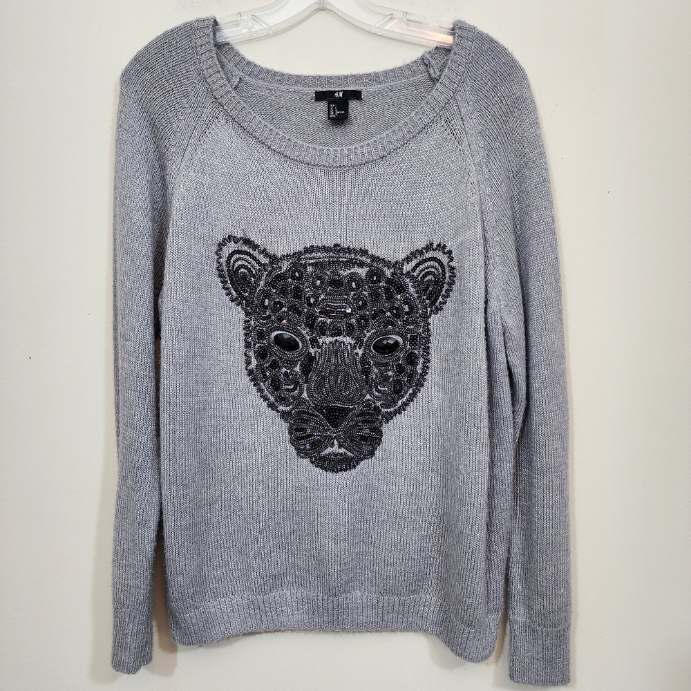 H & M jeweled sequin sparkly cat front gray knit sweater woman's size large